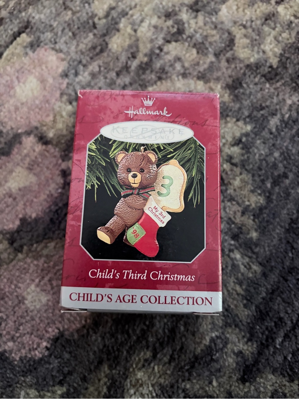 Hallmark Brown Bear Ornament with Red Stocking and Green Number 3 (vintage)